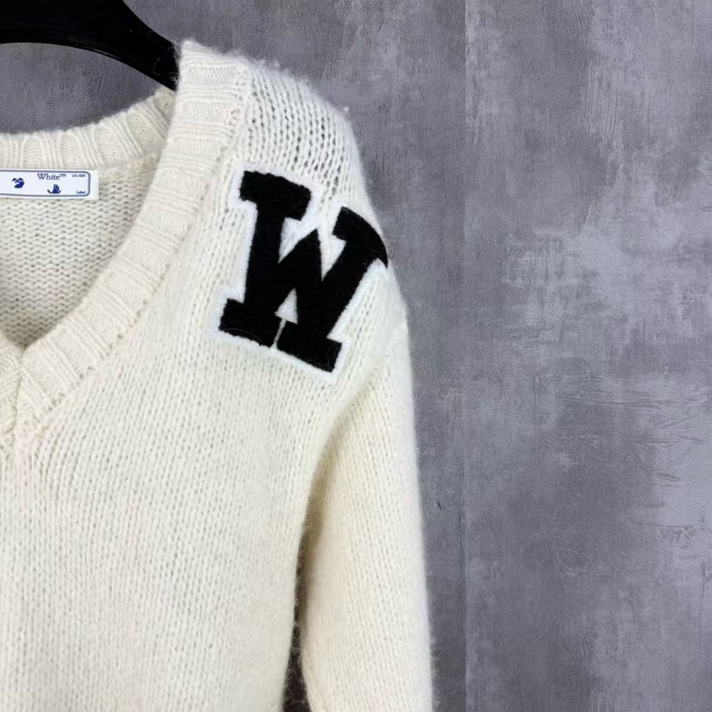 Authentic Off-White V-Neck Sweater in Cream with Black Letters - Picture 2 of 3
